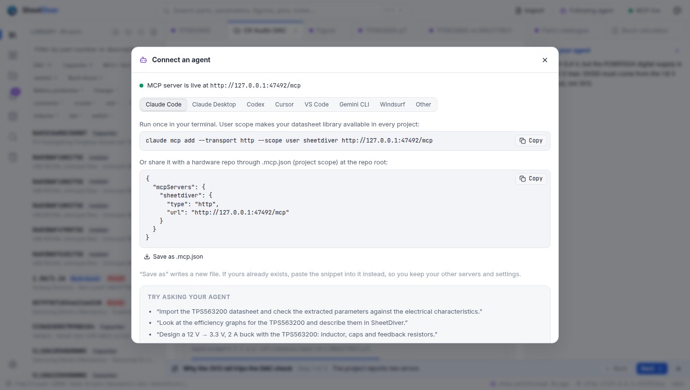 The Connect an agent dialog: the server's address and status, and tabs for Claude Code, Claude Desktop, Codex, Cursor, VS Code, Gemini CLI and Windsurf with the command or config file for each, ready to copy or save.